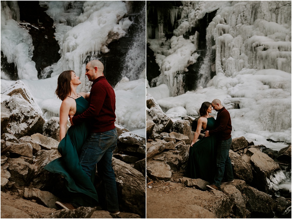 couple kissing at frozen Soco falls near Asheville nc